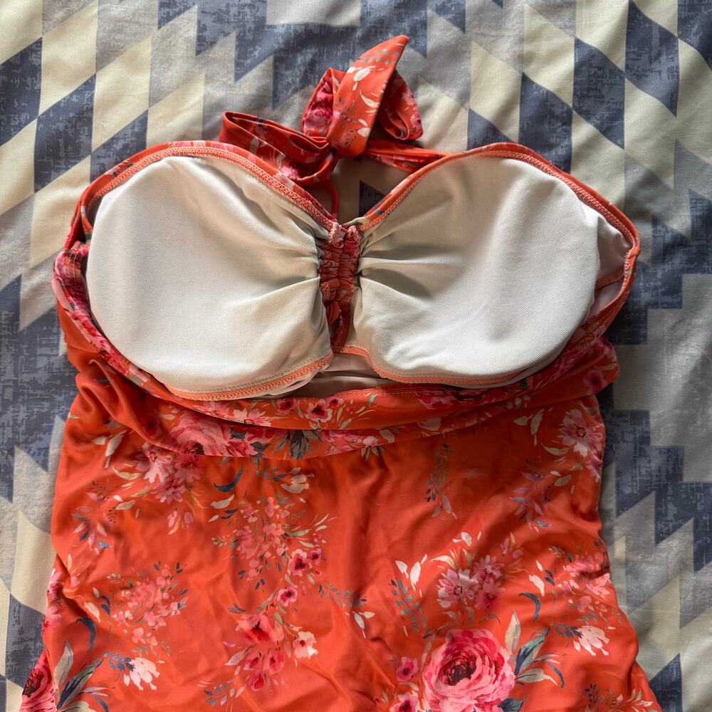 Maternity One Piece Swimsuit Floral Halter Ruched Size L - Picture 7 of 8
